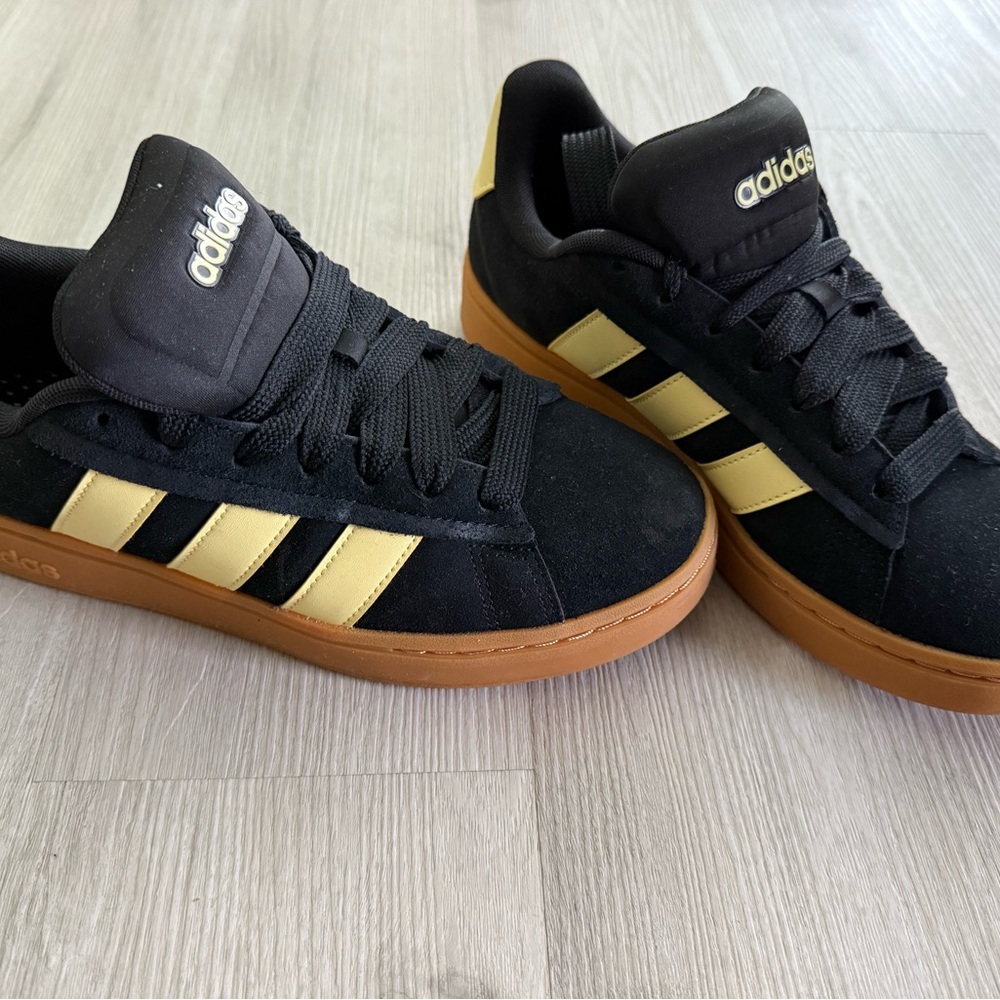 adidas Black & Gold Suede Low-Top Sneakers with Gum Sole